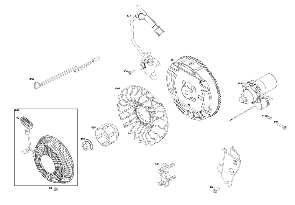 Flywheel, Ignition, And Starter Group Diagram and Parts List for 12V337-0144-F1 100000 - 19Z999 Briggs and Stratton Engine